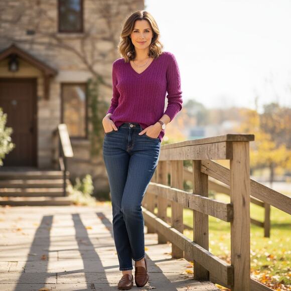 Ann Taylor Loft Sweater Women's Size L Purple Cable Knit Long Sleeve V Neck - Picture 3 of 14